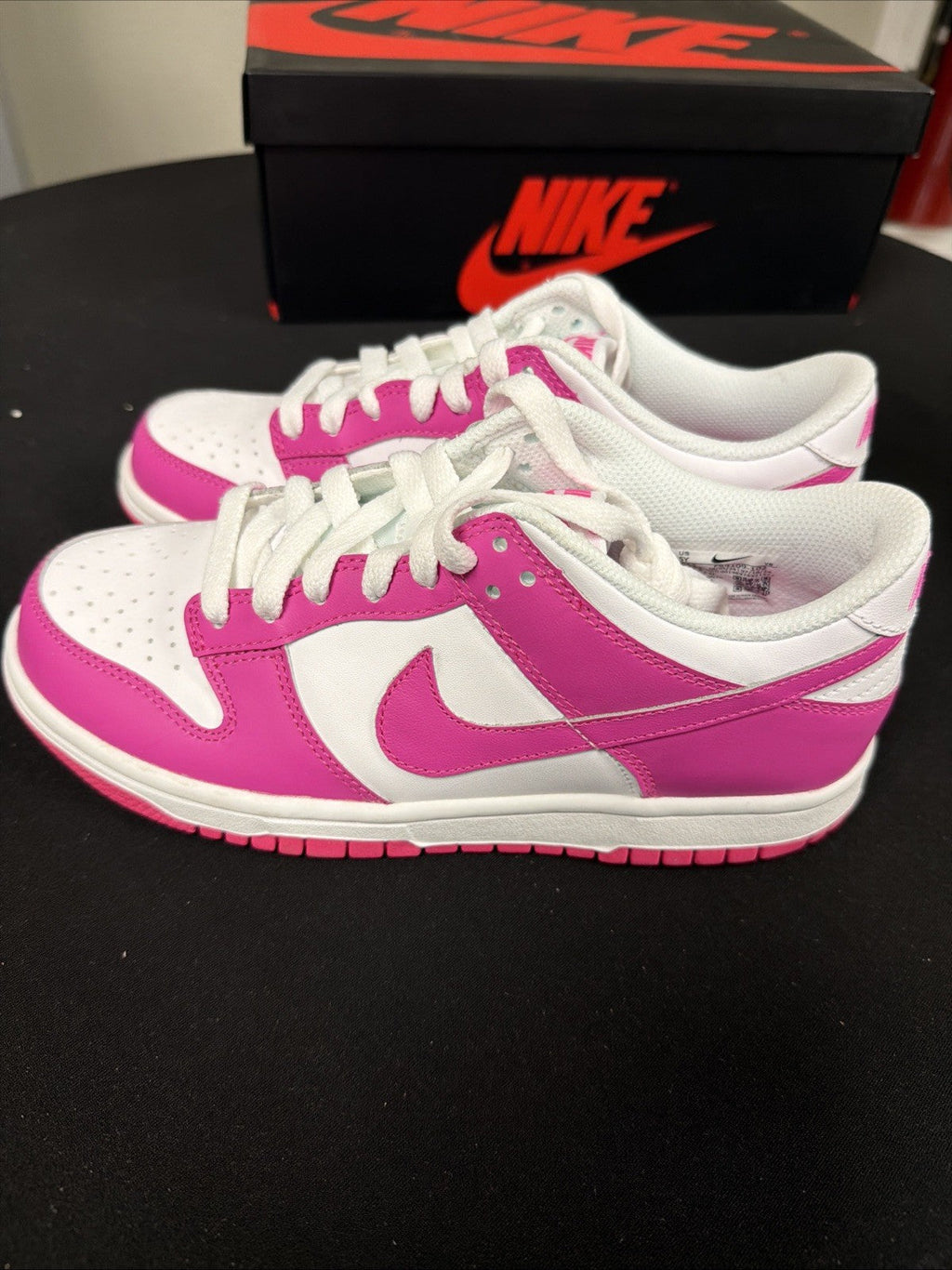 Nike Dunk Low (GS) Footwear White Pink Laser Fuchsia FB9109-102 Size 5Y, NEW - product image from the listing.