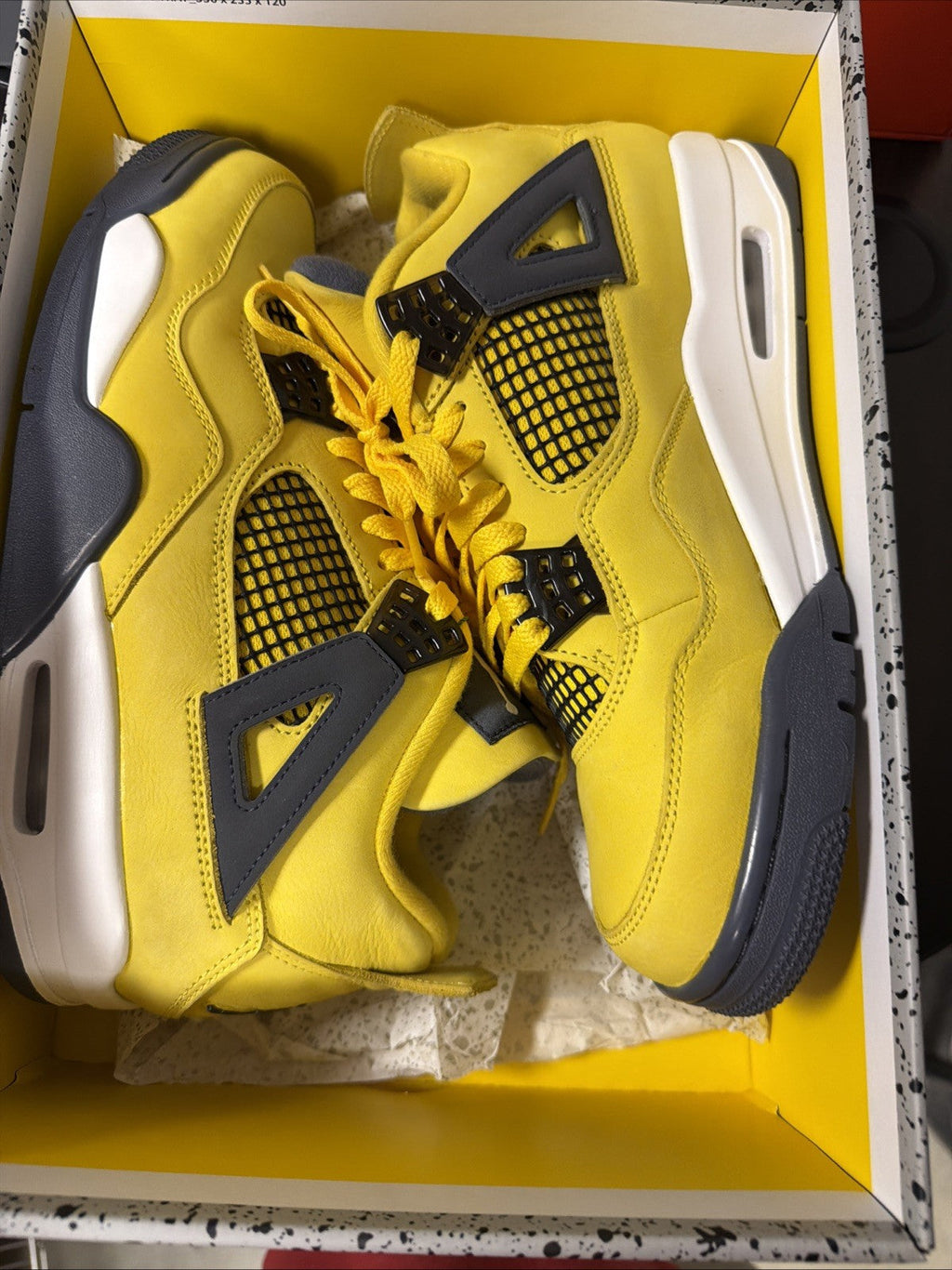 Air Jordan 4 Retro Tour Yellow/Dark in Blue Grey - product image from the listing.