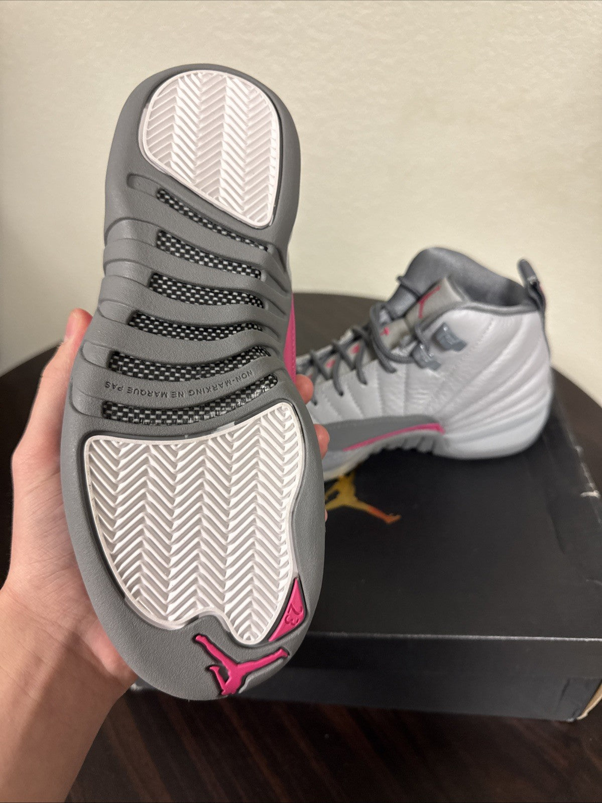 Nike Air Jordan 12 Retro GG Wolf Grey/Vivid Pink Shoes - Size 5Y - product image from the listing.
