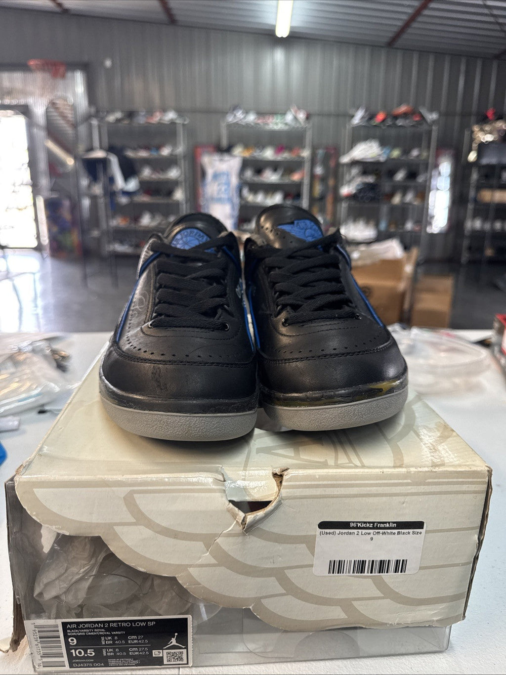 "OW BLACK BLUE" Size 9 - Air Jordan 2 Retro SP 2021 - product image from the listing.