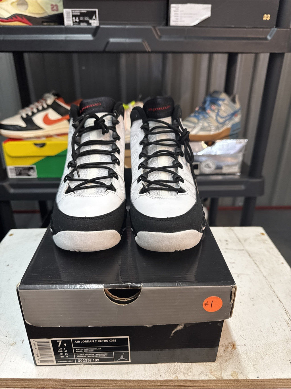 Retro 9 Jordans white black size 7y - product image from the listing.