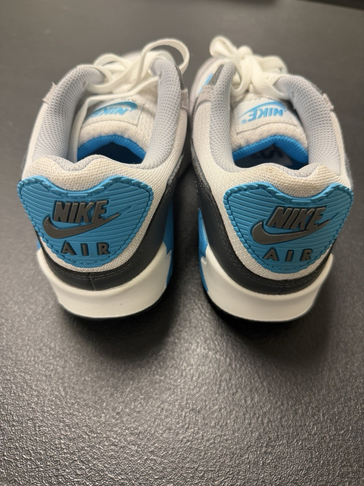 Men's Nike Air Max 90 Shoes (Platinum Tint/Blue Lightning/Wolf Grey/Iron Grey) - product image from the listing.