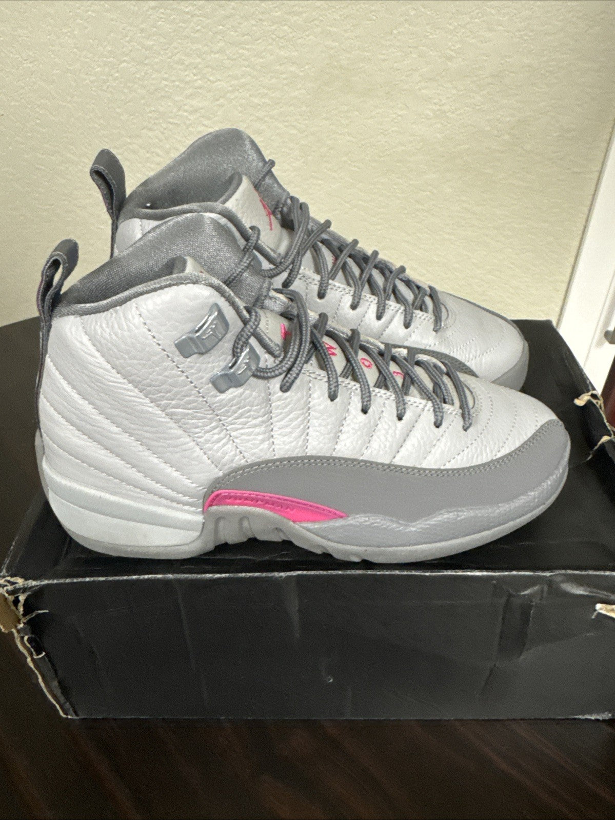 Nike Air Jordan 12 Retro GG Wolf Grey/Vivid Pink Shoes - Size 5Y - product image from the listing.