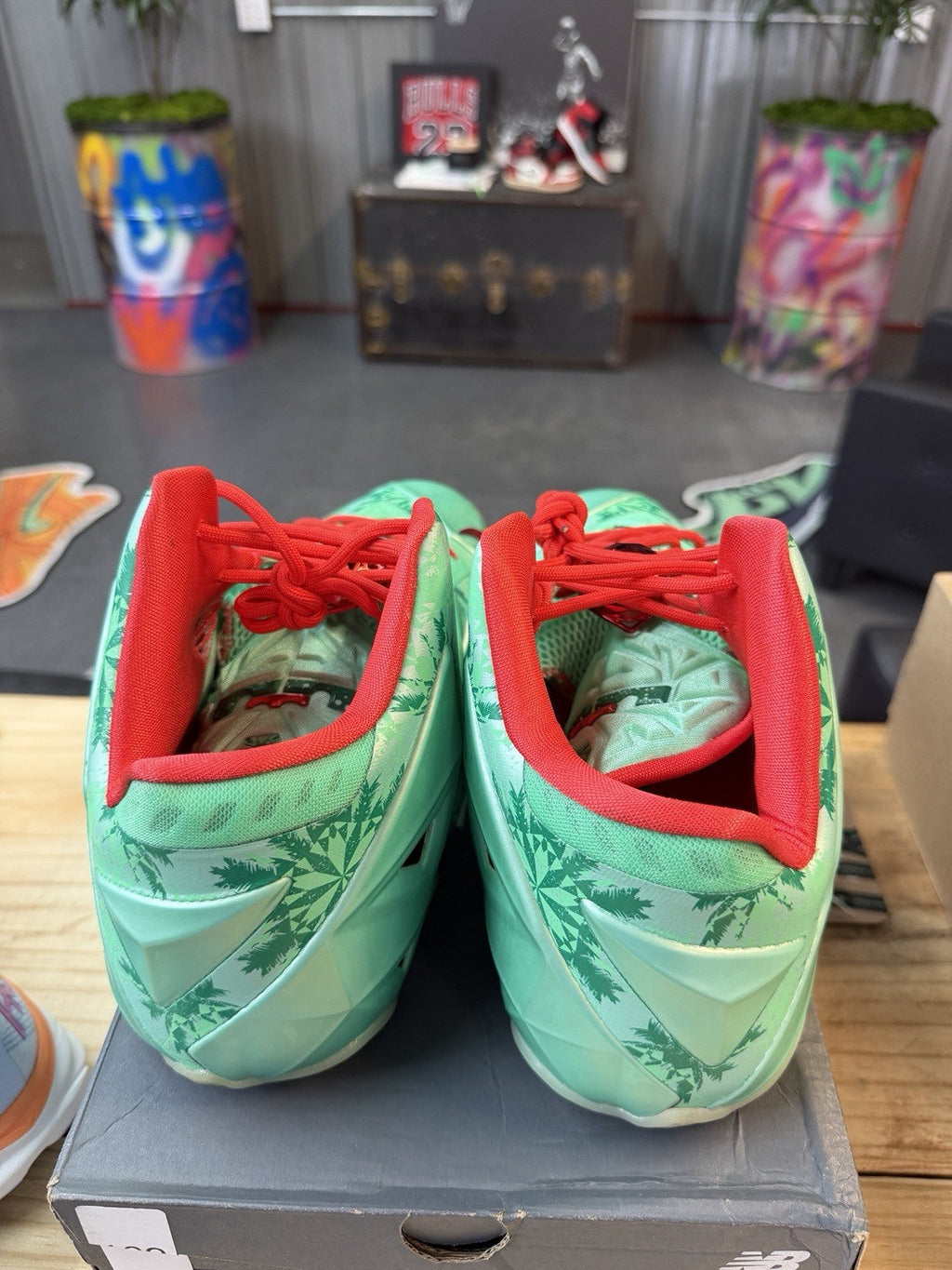 Nike LeBron XI 11 Christmas 2013 Crimson Arctic Green Glow Footwear 616175-301 Sz13 - product image from the listing.