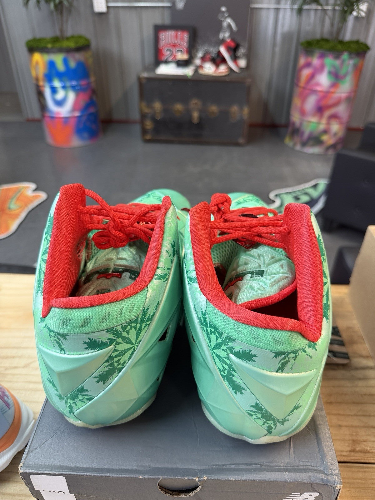 Nike LeBron XI 11 Christmas 2013 Crimson Arctic Green Glow Footwear 616175-301 Sz13 - product image from the listing.