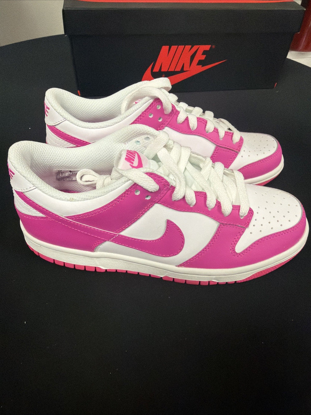 Nike Dunk Low (GS) Footwear White Pink Laser Fuchsia FB9109-102 Size 5Y, NEW - product image from the listing.
