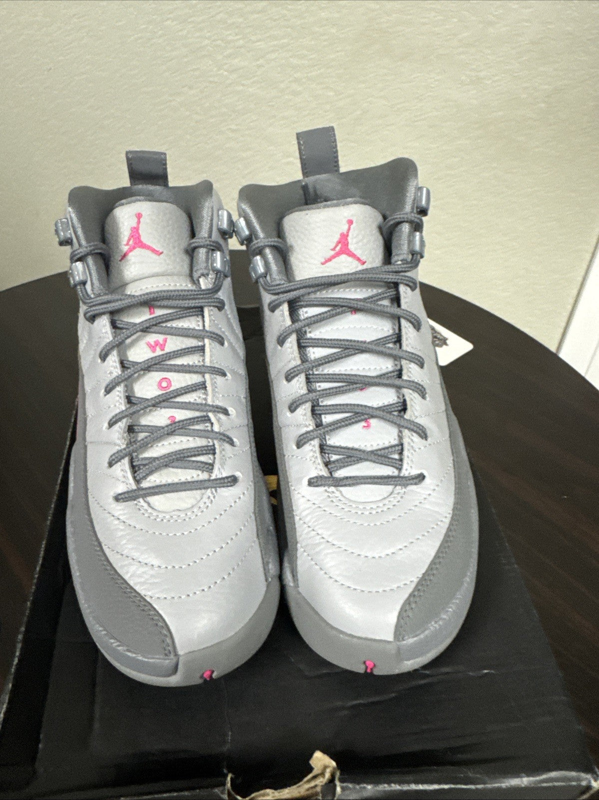 Nike Air Jordan 12 Retro GG Wolf Grey/Vivid Pink Shoes - Size 5Y - product image from the listing.