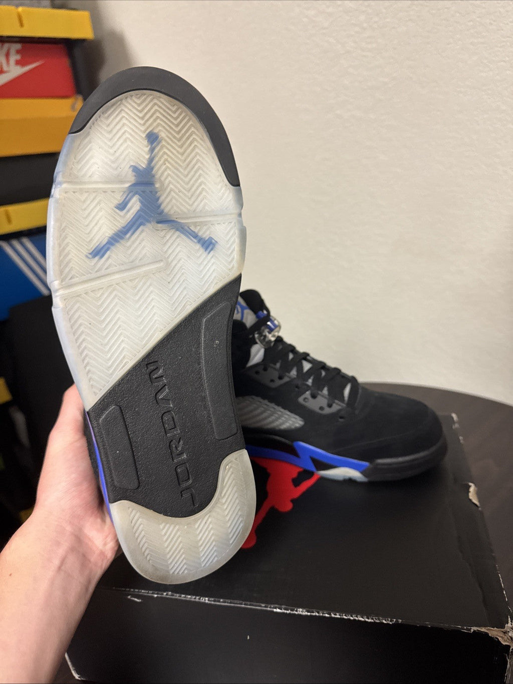 "Racer Blue" Size 12 M - Air Jordan 5 Retro Black/Blue | WORN ONCE - product image from the listing.