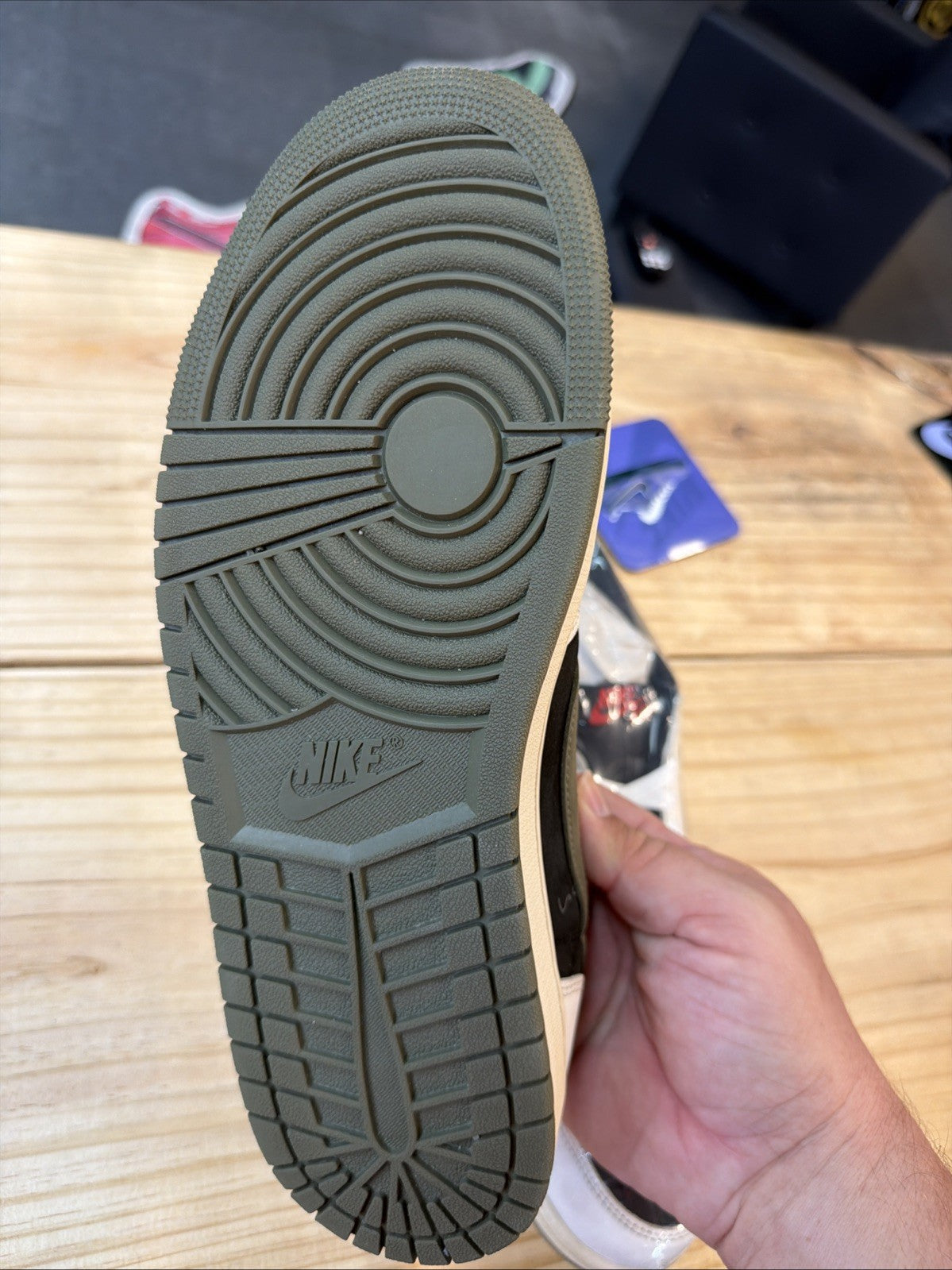 Women's WMNS Jordan 1 Low OG SP Travis Scott Olive Size 12 VNDS - product image from the listing.