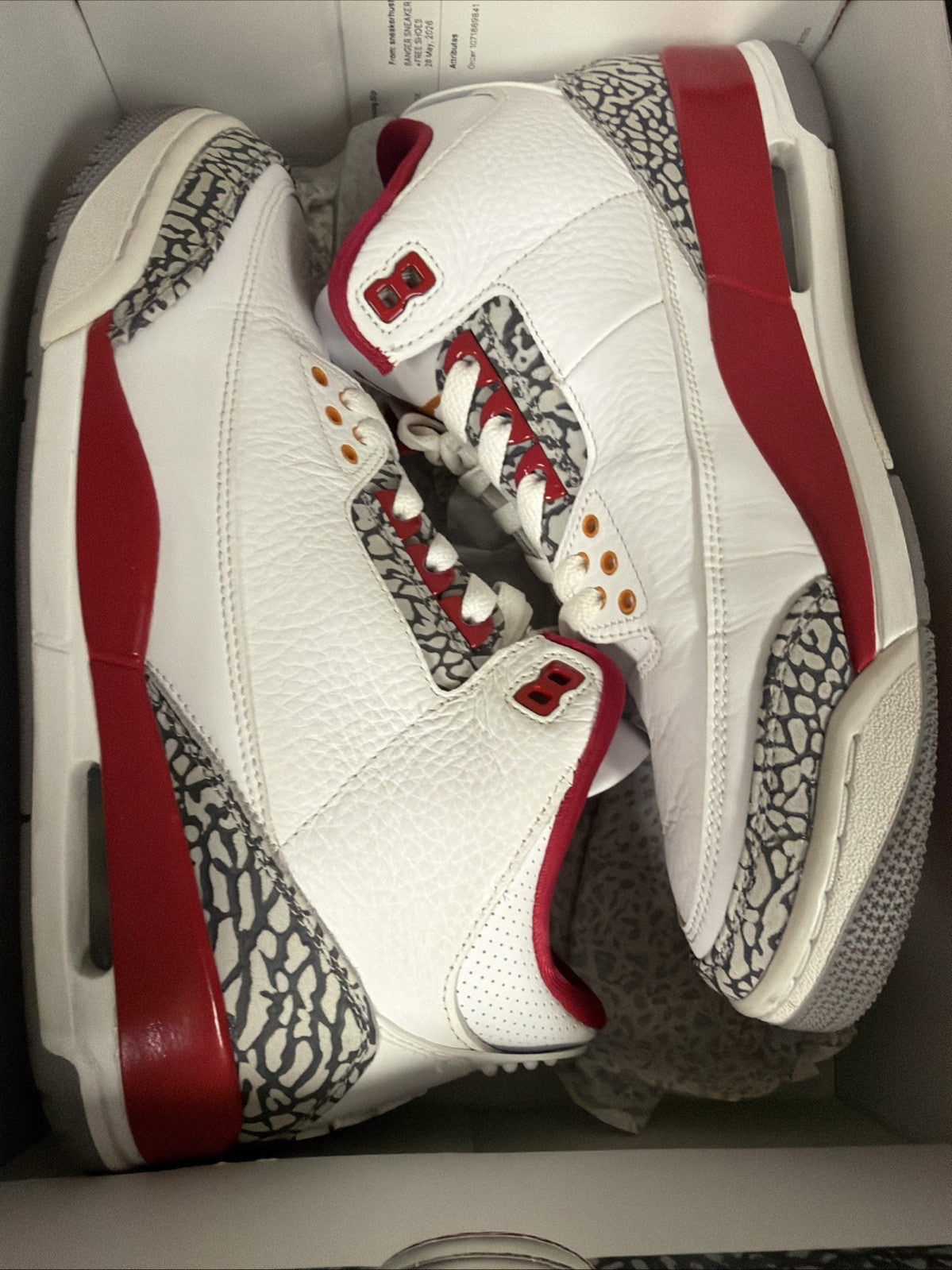 Men's Nike Air Jordan 3 Retro Cardinal Red White Cement Grey CT8532-126 Size 9.5 - product image from the listing.
