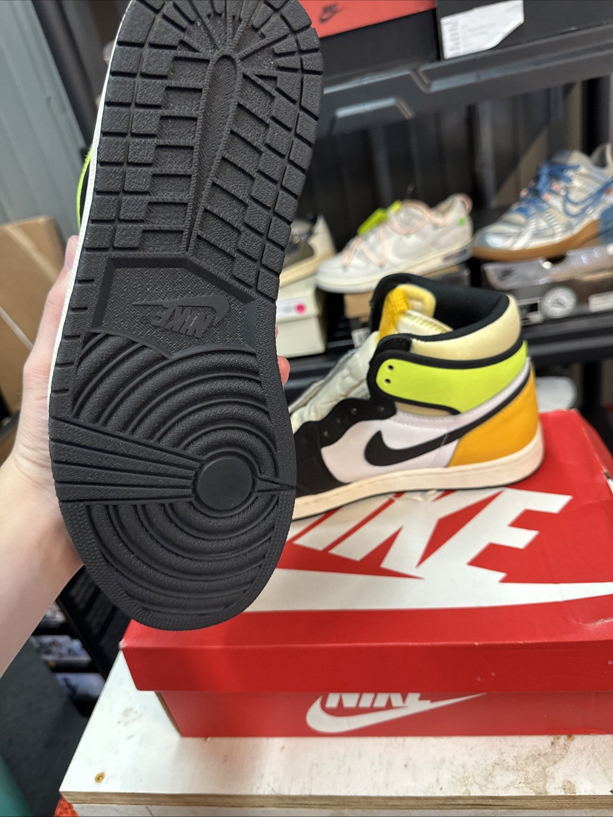 Air Jordan 1 Retro High OG Sneakers Volt Gold | Replacement Box - Size 10.5 - product image from the listing.