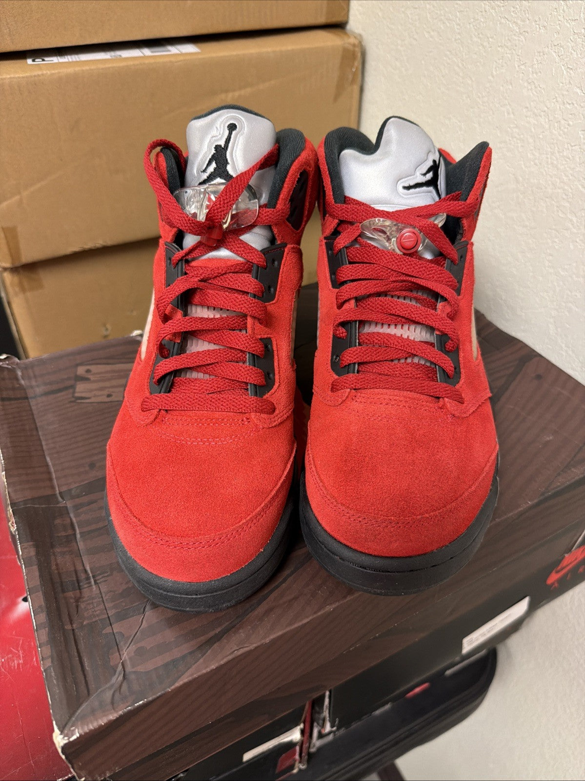 Red Suede Sneakers Size 8.5 - Air Jordan 5 Retro DD0587-600 - product image from the listing.