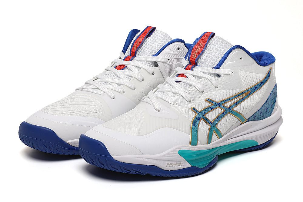 ASICS White and Blue Indoor Court Trainers - product image from the listing.