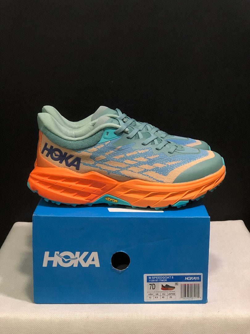 HOKA Speedgoat 5 Trail Running Shoes in Blue Orange - product image from the listing.
