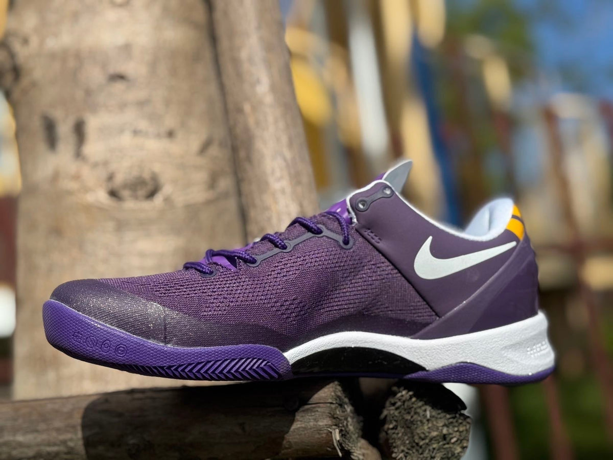 Nike Kobe 8 LSU Away Basketball Shoes, in Purple and Gold - product image from the listing.