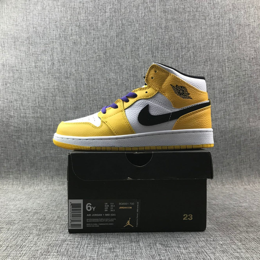 Air Jordan 1 Mid Lakers Sneakers in Yellow and Purple BQ6931-700 - product image from the listing.