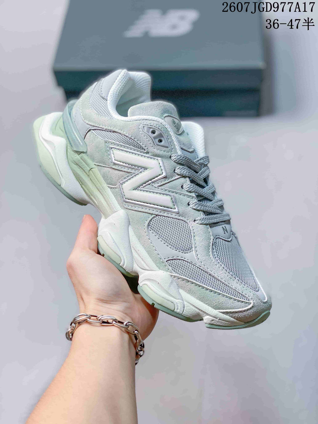 New Balance 9060 Sneakers in Mint Green and White - product image from the listing.