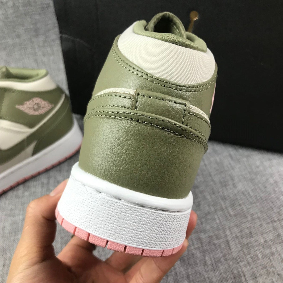Olive Green and White Air Jordan 1 Mid GG Sneakers - product image from the listing.