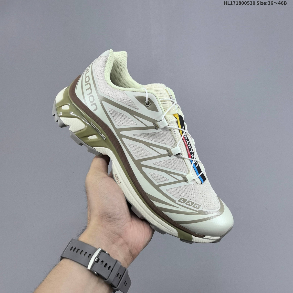 Salomon XT-6 Trail Running Shoes, in White and Grey - product image from the listing.