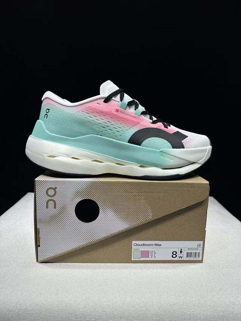 On Cloudboom Max Running Shoes, in White Mint Pink - product image from the listing.