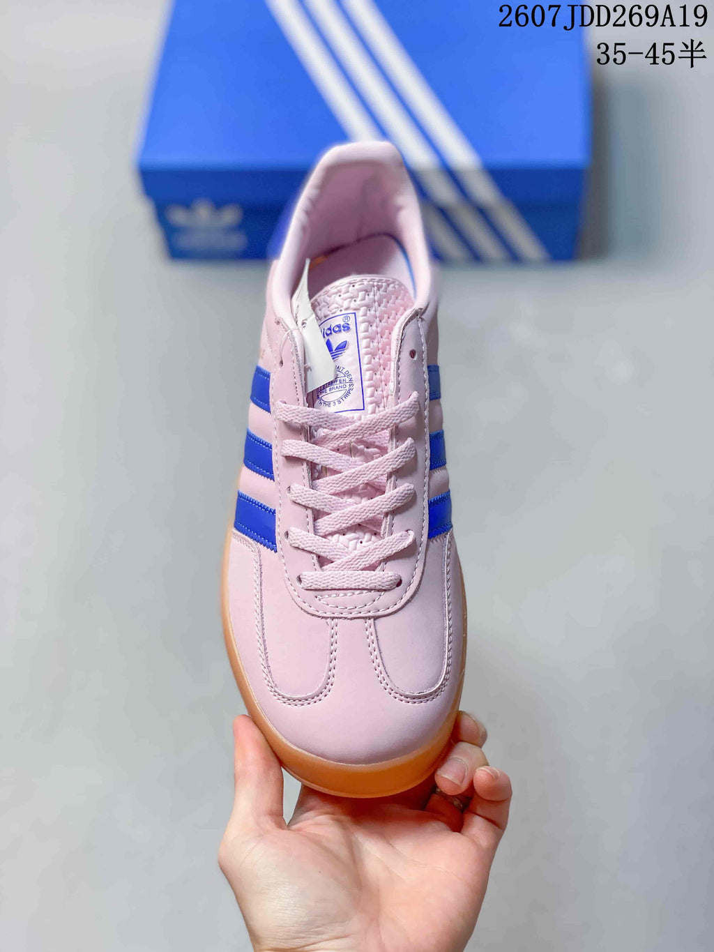Pink and Blue Adidas Originals Gazelle Sneakers - product image from the listing.