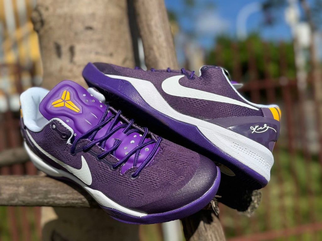 Nike Kobe 8 LSU Away Basketball Shoes, in Purple and Gold - product image from the listing.