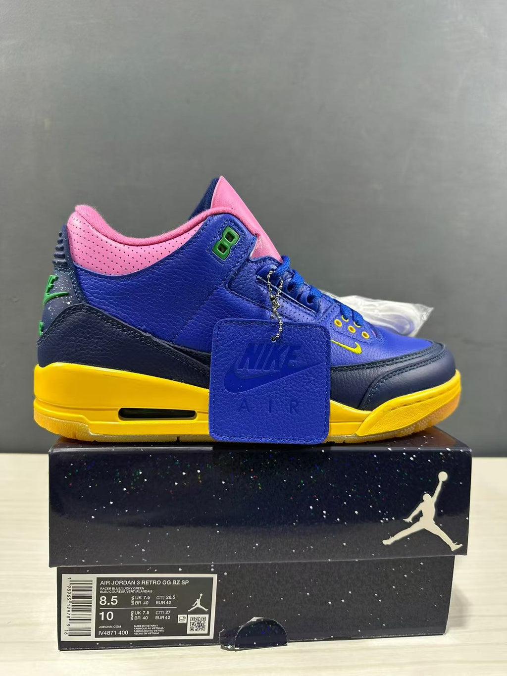 Air Jordan 3 OG Brasil Blue Pink Yellow IV4871-400 - product image from the listing.