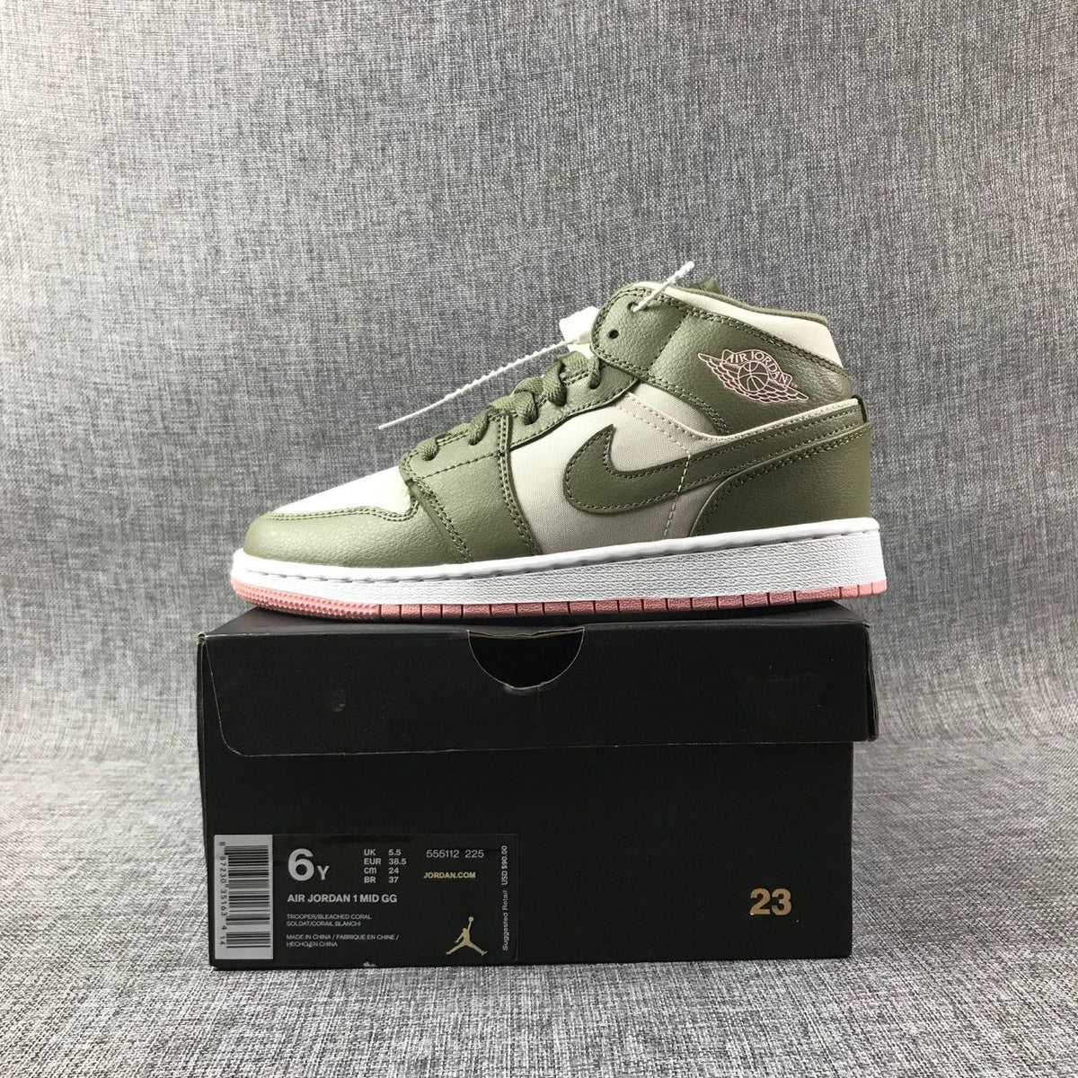 Olive Green and White Air Jordan 1 Mid GG Sneakers - product image from the listing.