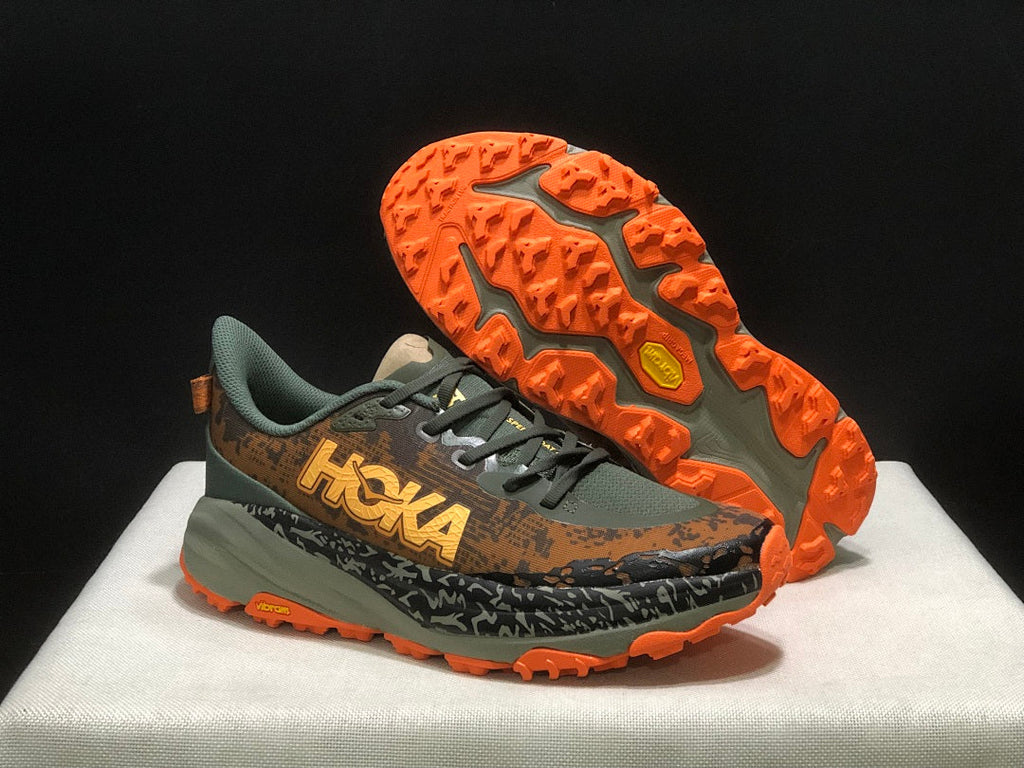 Olive and Orange HOKA Speedgoat 6 Trail Running Shoes - product image from the listing.