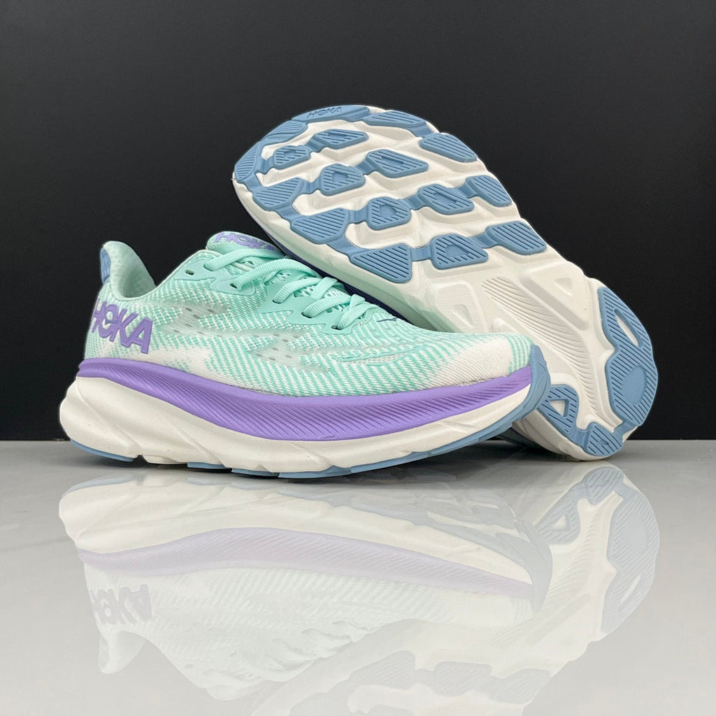 HOKA Clifton 9 Running Shoes, in Mint Green and Purple - product image from the listing.