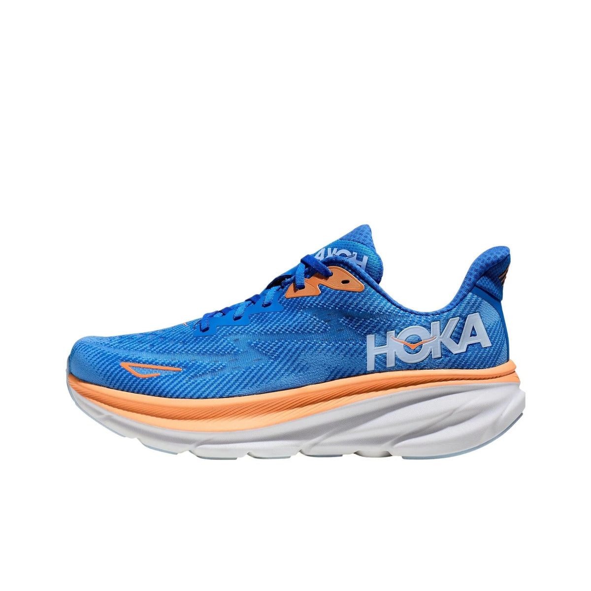 Blue and Orange HOKA Clifton 9 Running Shoes - product image from the listing.
