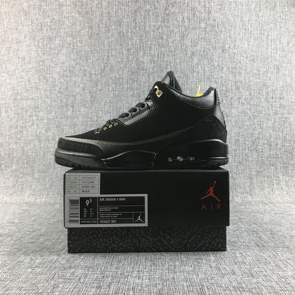 Air Jordan 3 BHM High-Top Sneakers in Black and Metallic Gold - product image from the listing.