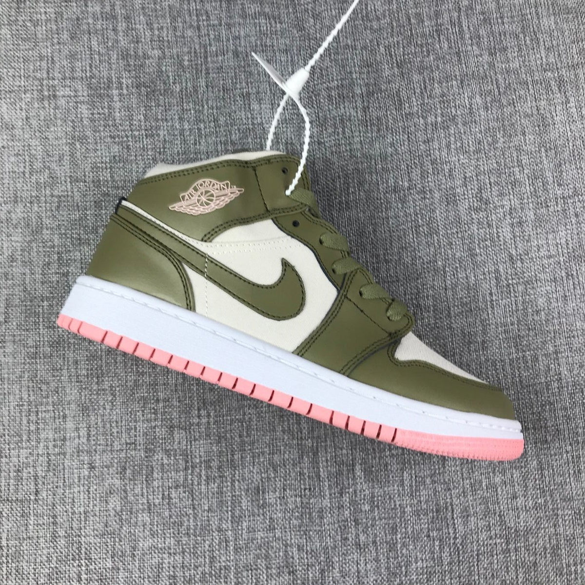 Air Jordan 1 High Sneakers in Olive Green White Pink - product image from the listing.