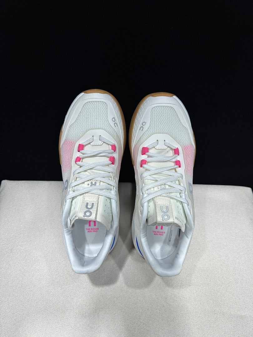 On The Roger Advantage Pro Tennis Shoes, in White Blue Pink - product image from the listing.