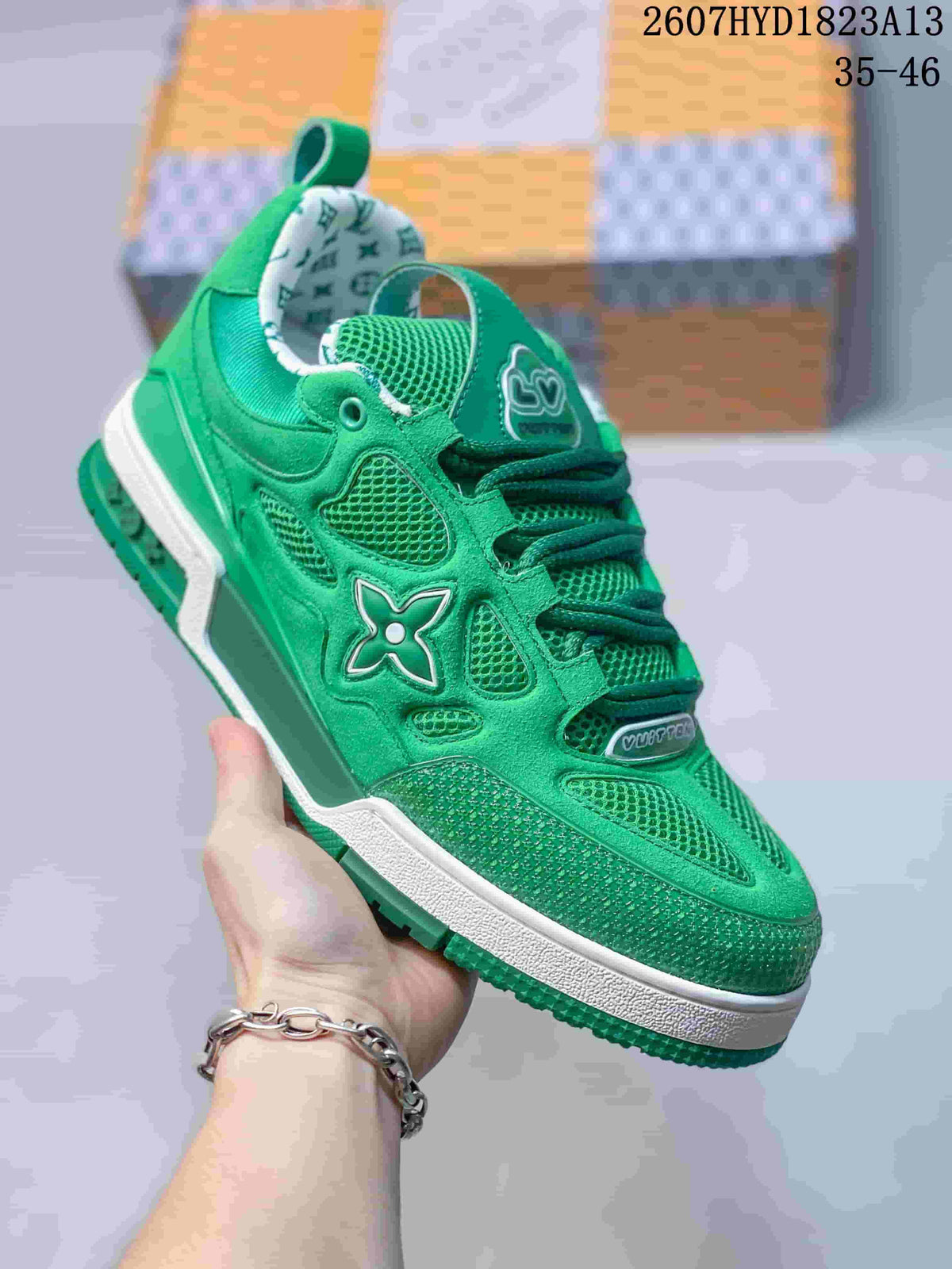 Louis Vuitton Trainer Sneakers in Green 2607HYD1823A13 - product image from the listing.