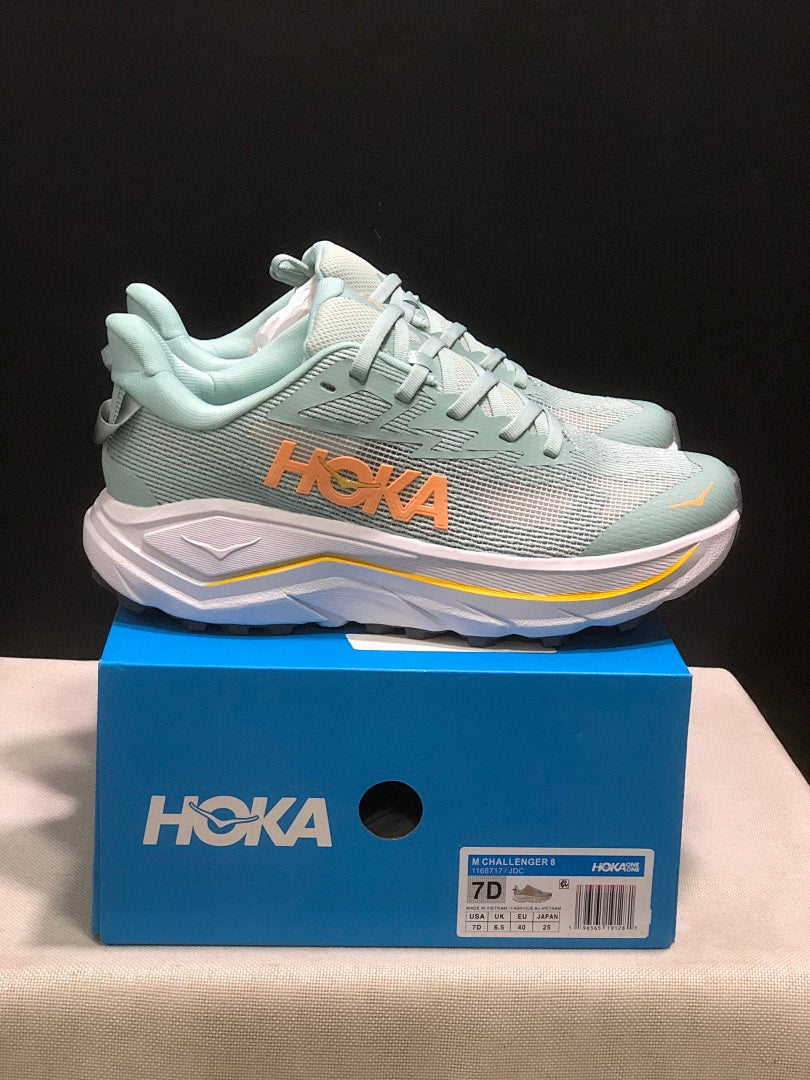 HOKA Challenger 8 Trail Running Shoes, Sage and in Coral - product image from the listing.