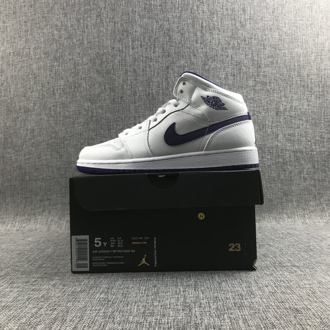 Air Jordan 1 Mid Sneakers in White Purple 332148-137 - product image from the listing.