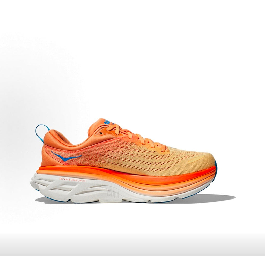 Orange and Blue HOKA Bondi 8 Running Shoes - product image from the listing.
