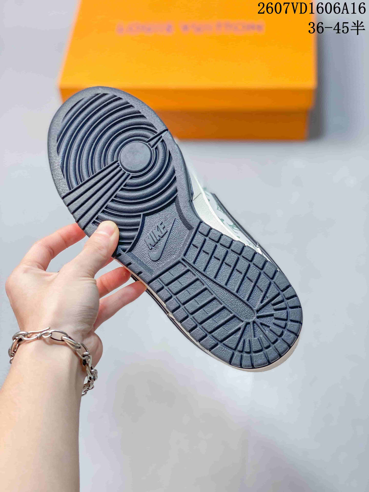 Nike SB Dunk Low LV Monogram Sneakers in White and Navy - product image from the listing.