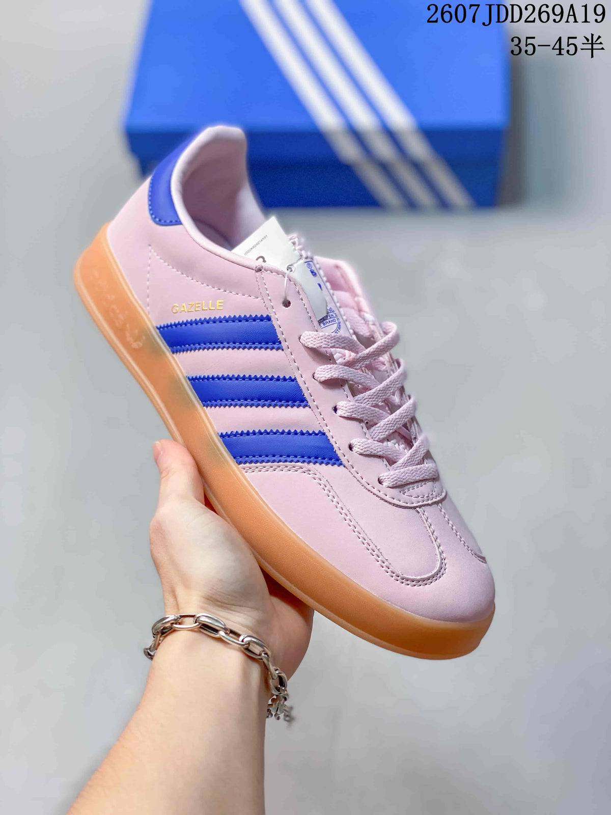 Pink and Blue Adidas Originals Gazelle Sneakers - product image from the listing.