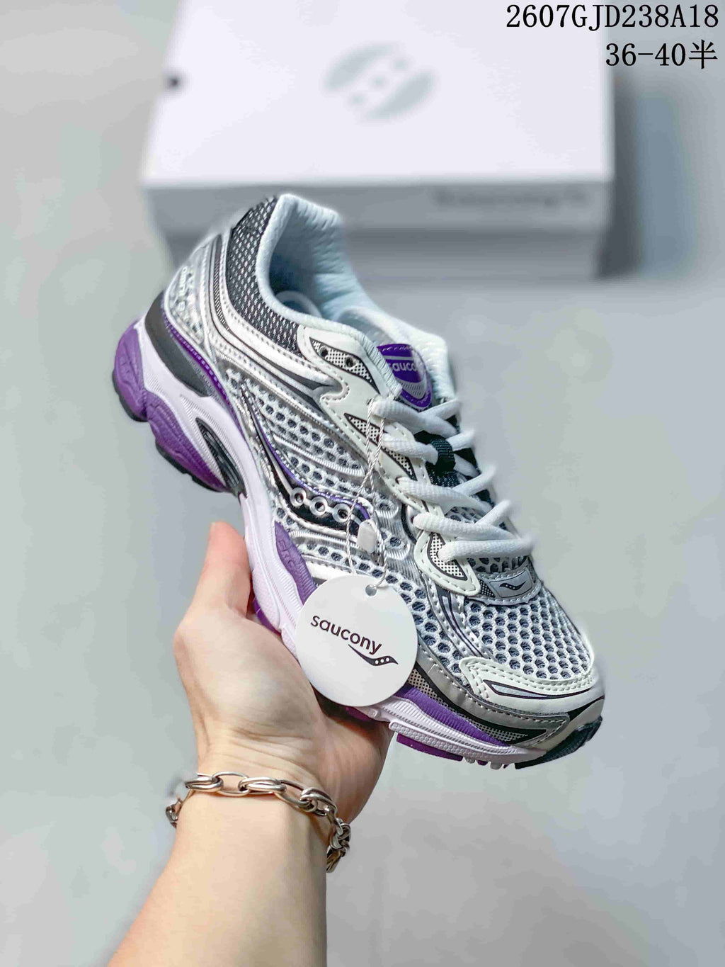 Saucony Progrid Omni 9 Sneakers in White Gray Purple - product image from the listing.
