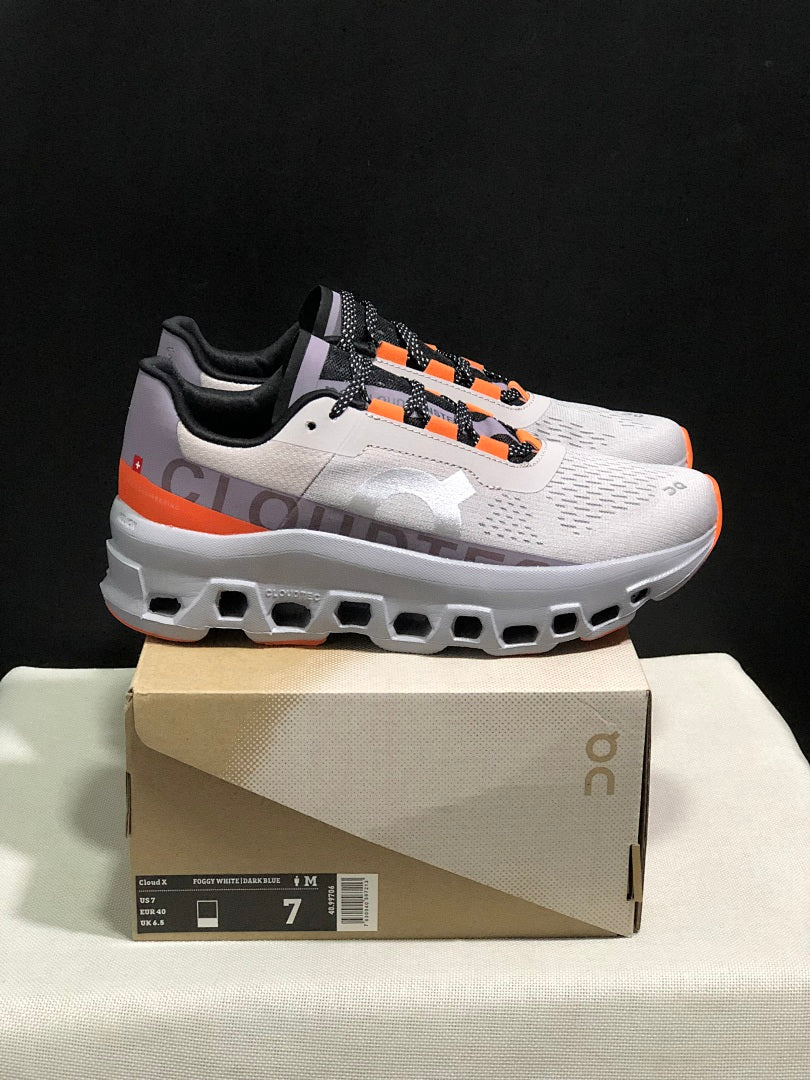 On Cloudmonster Sneakers in Foggy in White and Orange - product image from the listing.