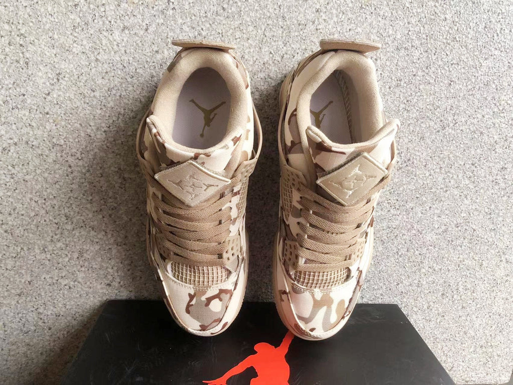 Beige and Brown Jordan 4 Camo Denim Sneakers - product image from the listing.