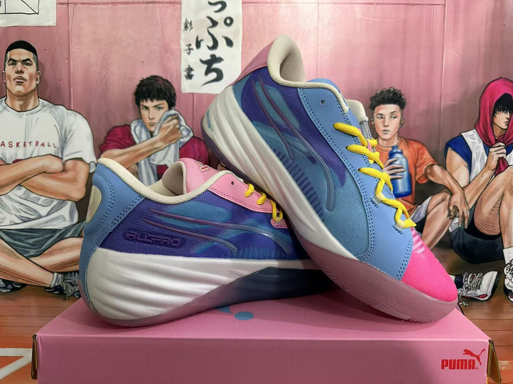 PUMA All-Pro NITRO Basketball Shoes in Pink Blue Yellow - product image from the listing.