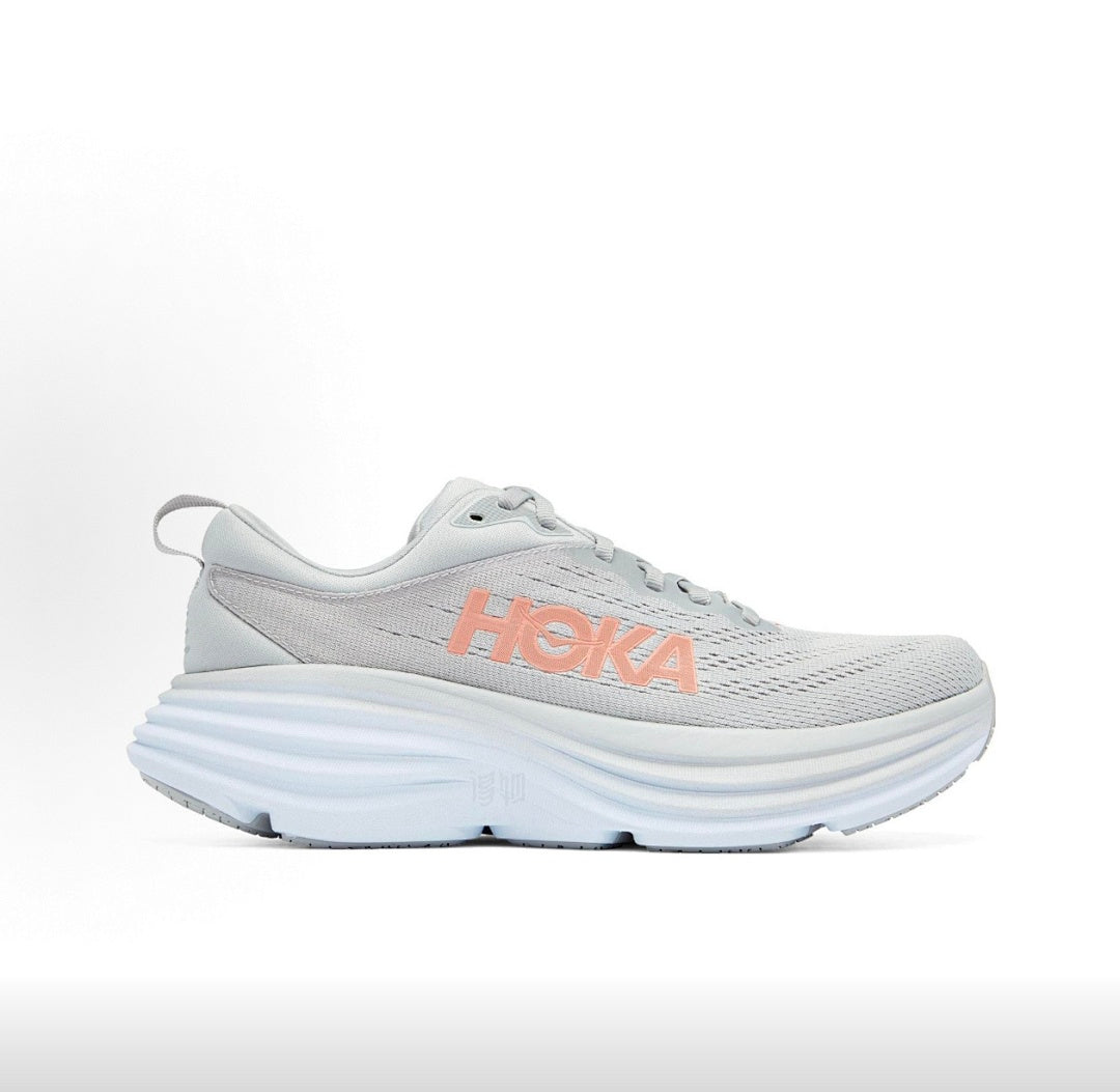 HOKA Bondi 8 Running Sneakers in Gray and Coral - product image from the listing.