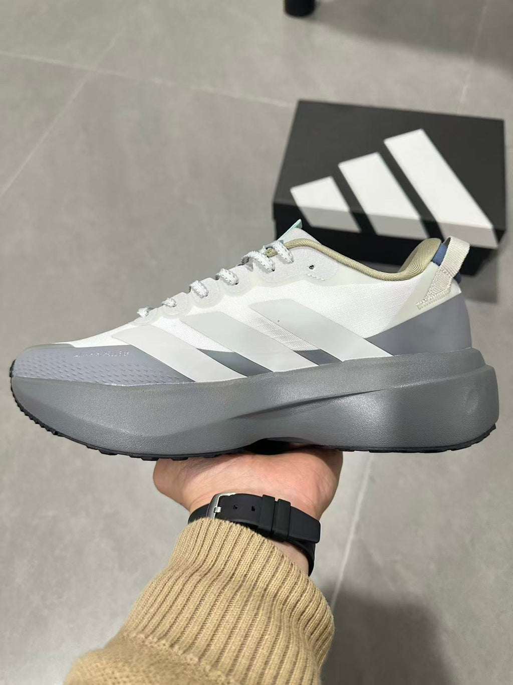 Adidas Adizero Boston Running Shoes in White Gray - product image from the listing.