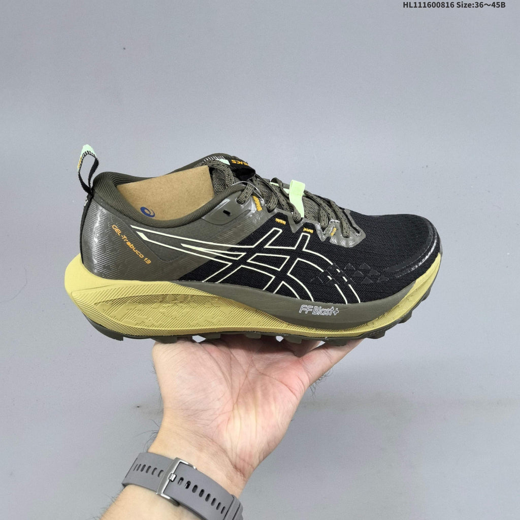 ASICS GEL-TRABUCO 13 Trail Running Shoes, in Black and Olive - product image from the listing.