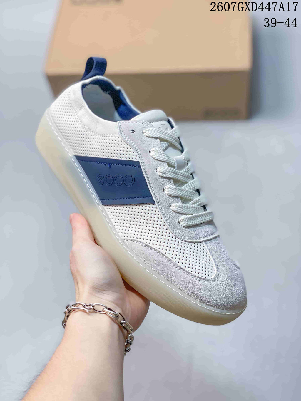 ECCO 2607GXD447A17 White and Blue Perforated Trainers - product image from the listing.