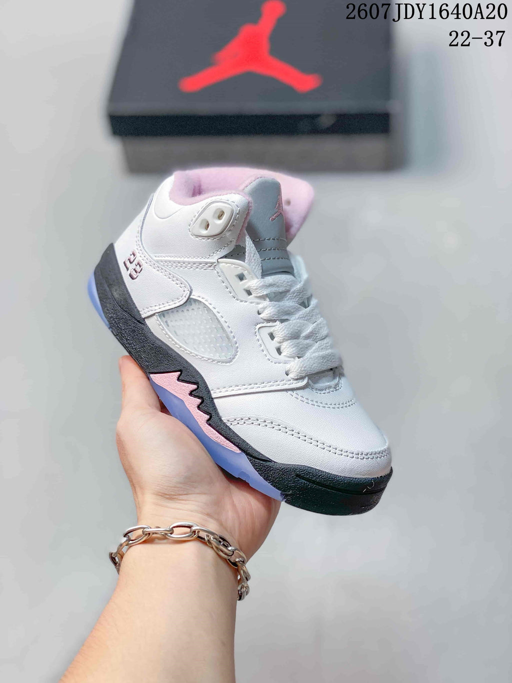 Air Jordan 5 Retro Kids Sneakers White Pink Gray - product image from the listing.