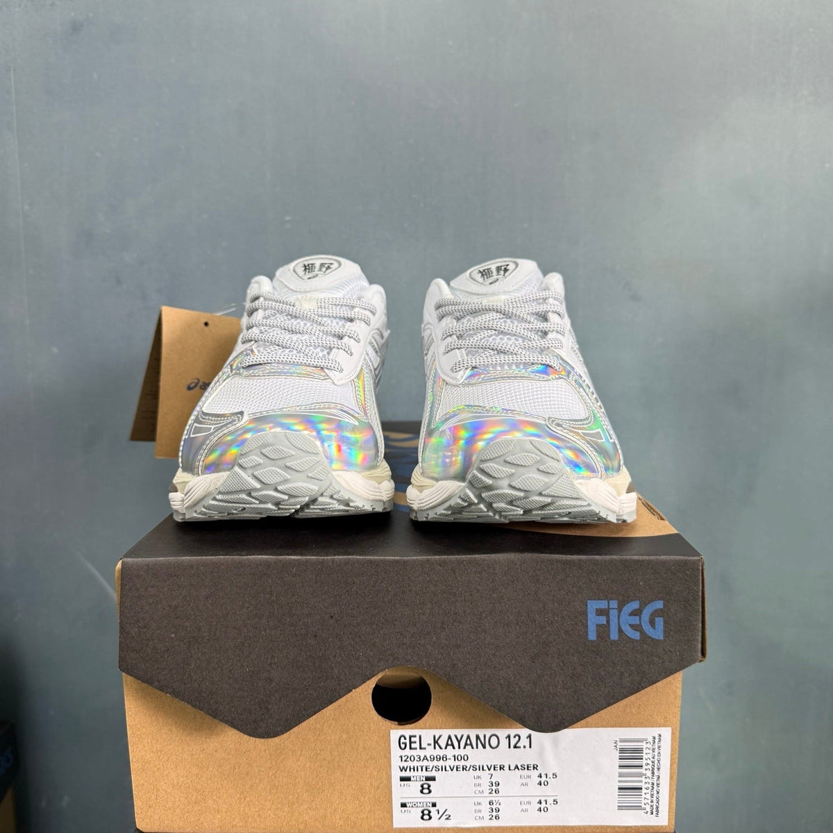 ASICS GEL-KAYANO 12.1 White Silver Laser Trainers - product image from the listing.